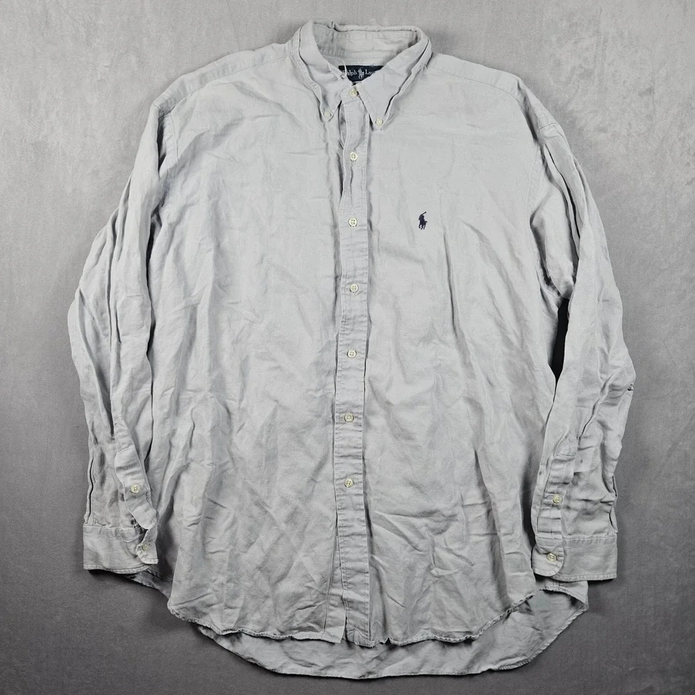 Ralph Lauren Button Down Shirt Mens XL Grey Silk Linen Blend Blake Pony Logo